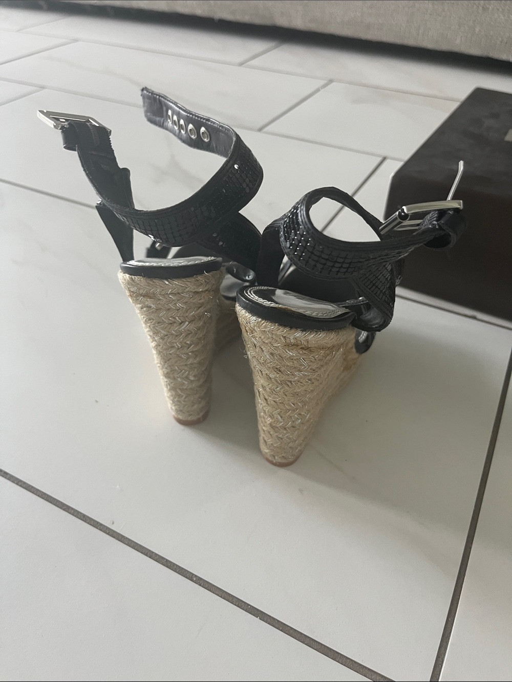 bebe Black Textured Espadrille Wedge Sandals with Buckle Straps - Picture 4 of 6